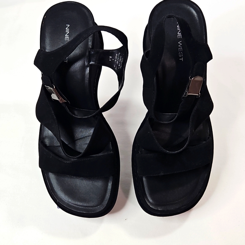 Nine West Black Suede Wedge Sandald Size 8.5